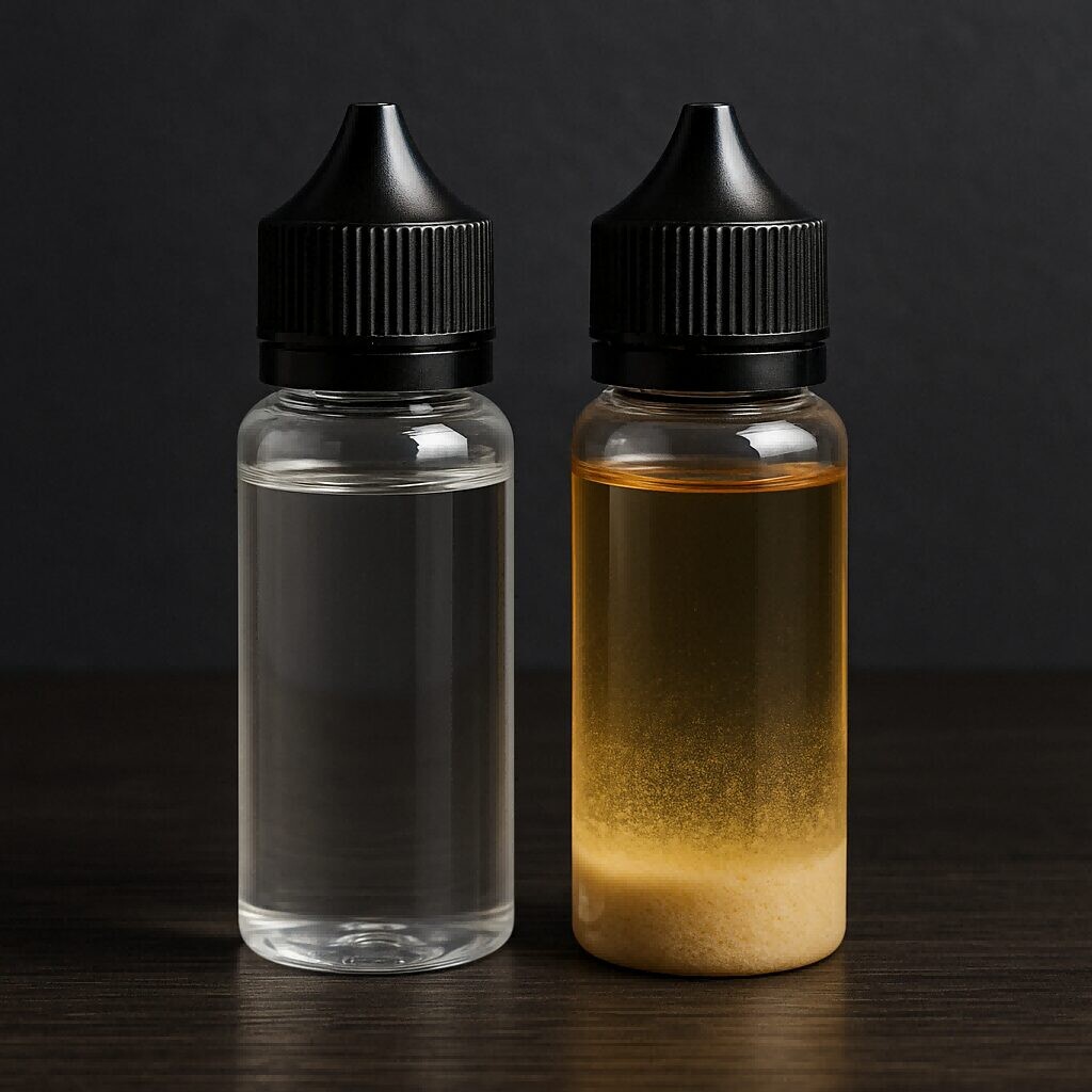 La bouteille de e-liquide et les sédiments affichent des concentrés de saveur pour les e-liquides