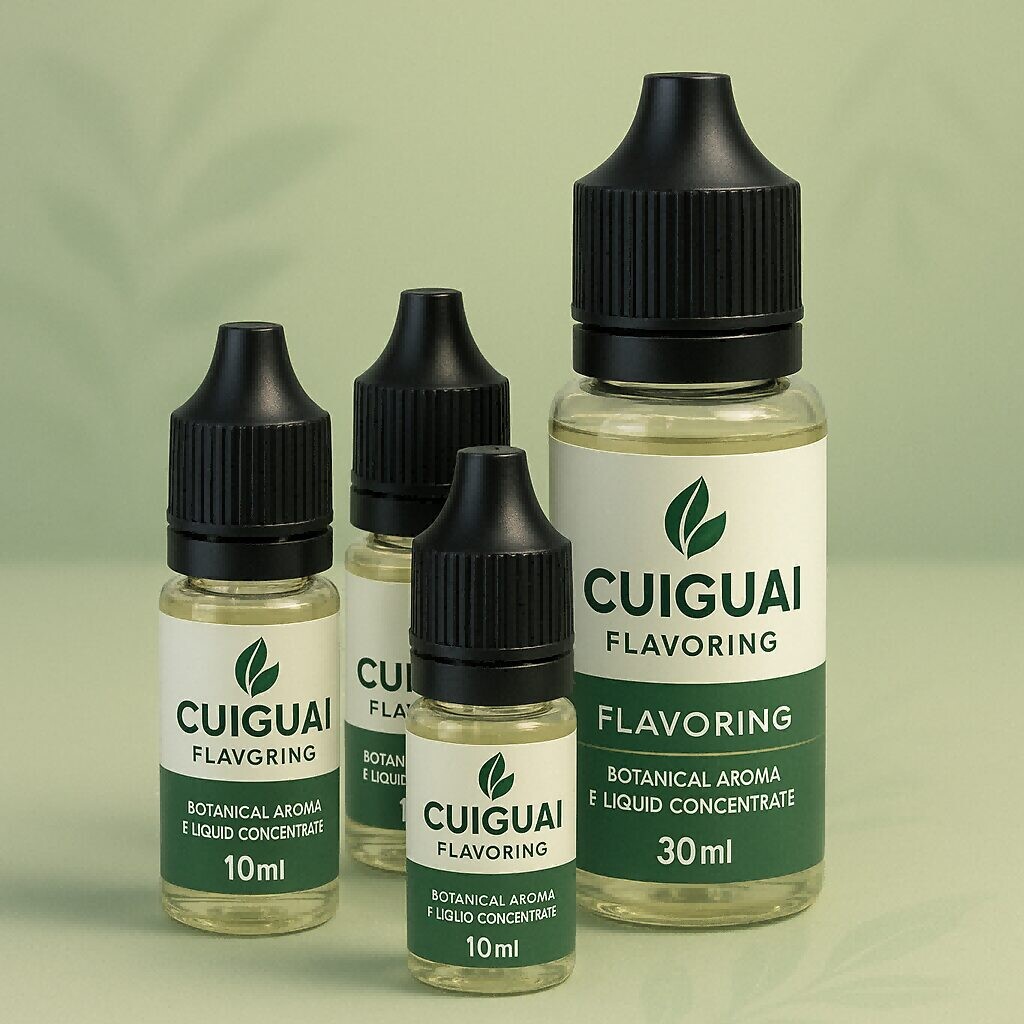 Colección de elegantes botellas de saborizantes de Cuiguai, que representan concentrados de liquid de aroma botánico de alta calidad.