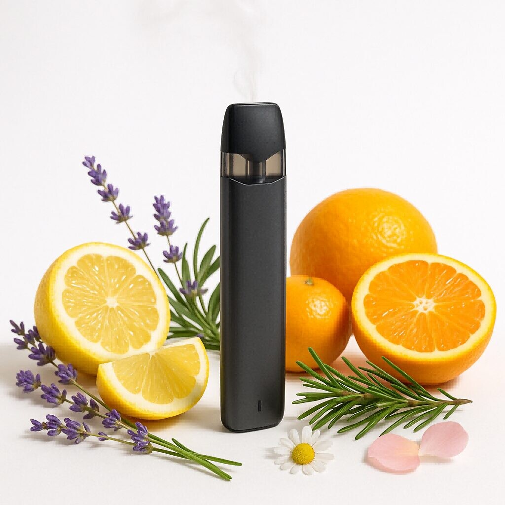 Sleek vape device surrounded by fresh citrus, lavender, and pine, representing natural terpene vape flavors.
