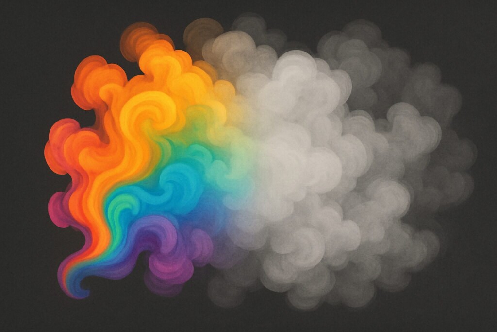 Vape cloud fading from vibrant colors to muted tones, symbolizing olfactory fatigue in vaping.