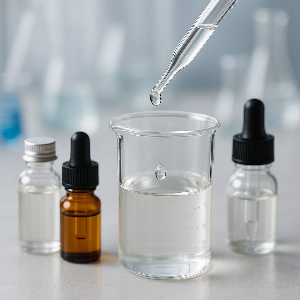 Macro shot of a pipette precisely adding terpene concentrate to e-liquid base, symbolizing scientific flavor formulation.