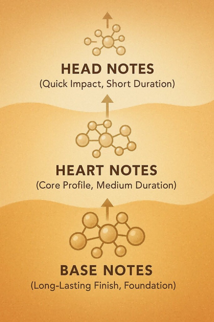 2、Diagram illustrating head, heart, and base notes in flavor formulation, showing their differing volatilities and durations.