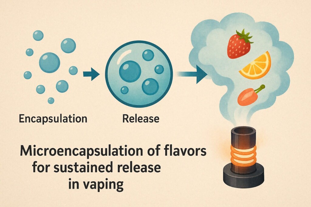 3、Infographic showing microencapsulation of flavors for sustained release in vaping. or Graphic illustrating dynamic flavor shifts within a single e-liquid for prolonged sensory engagement.