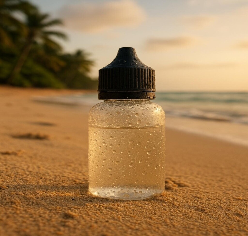 جهاز Vape وزجاجة سائلة إلكترونية في وضع غابات مطيرة رطبة ، يرمز إلى تحديات الرطوبة وأهمية تصميم المنتج القوي