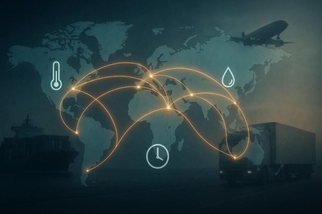 «Une carte du monde avec des lignes d'itinéraire commercial élogieuses reliant les continents, superposées à des icônes subtiles pour la température, l'humidité et le temps. Le cargo, l'avion et le camion faiblement visibles en arrière-plan, symbolisant la logistique internationale et son impact sur les biens sensibles comme les e-liquides.»