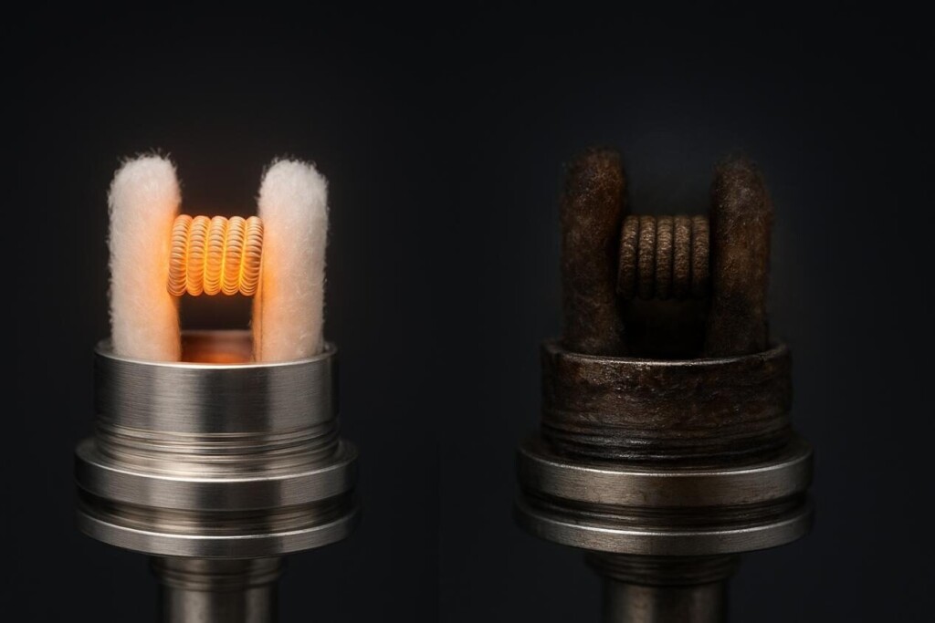 Une nouvelle bobine de vape brillante avec du coton propre se trouve à côté d'une ancienne bobine décolorée avec du coton sombre, illustrant la dégradation et la production de saveur réduite au fil du temps.