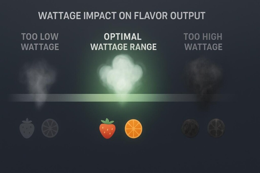 Une infographie montrant l'effet de la puissance sur la saveur: une faible puissance produit une vapeur faible et fanée; Une puissance optimale donne des nuages ​​vibrants et une saveur claire; Une puissance élevée entraîne une vapeur brûlée et dure avec des notes de saveur déformées.