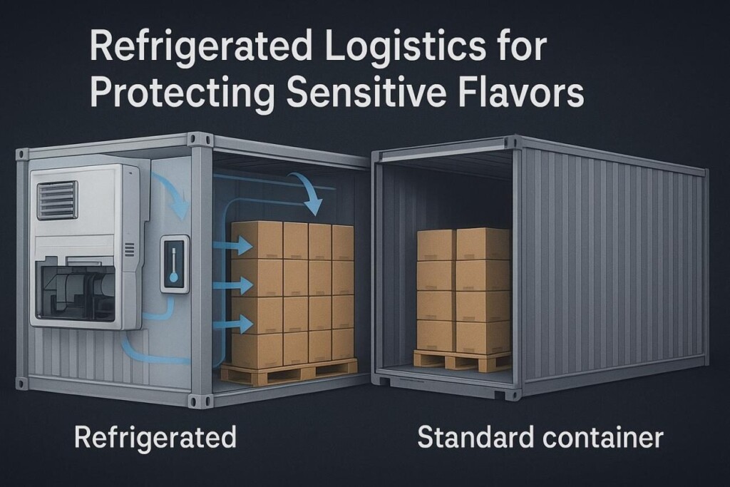 «La section transversale d'un conteneur d'expédition réfrigéré avec des palettes de boîtes e-liquides à l'intérieur. Le flux d'air de refroidissement et les conduites de gaz inertes sont visibles, mettant en évidence la logistique moderne à température contrôlée pour protéger la cargaison sensible.»