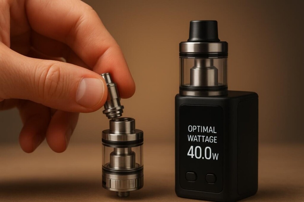 Un gros plan d'une main insérant une nouvelle bobine de vape dans un réservoir transparent, à côté d'un mod de vape affichant une puissance optimale, symbolisant la maintenance appropriée et les pratiques de vapotage éclairées.