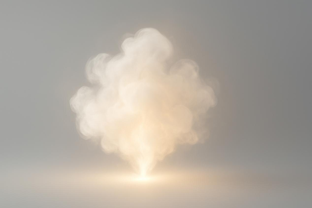 Un nuage vapeur immaculé brillant avec un rayonnement doré doux, symbolisant une saveur pure et vibrante et une clarté d'arôme dans un fond propre et moderne.