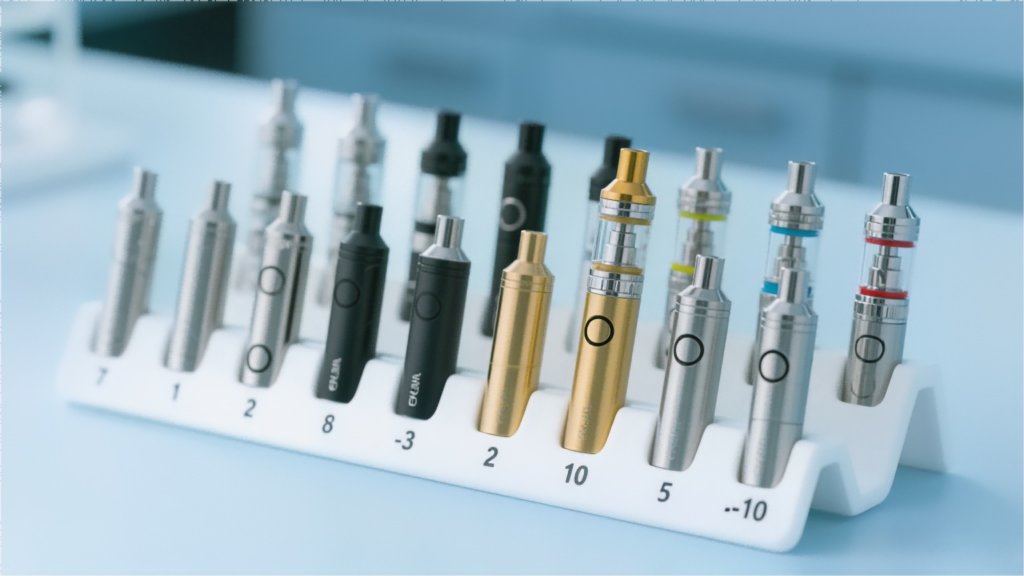 A row of numerous silver, black, and gold vape pens or e-liquid vials on a numbered white stand in a laboratory setting.