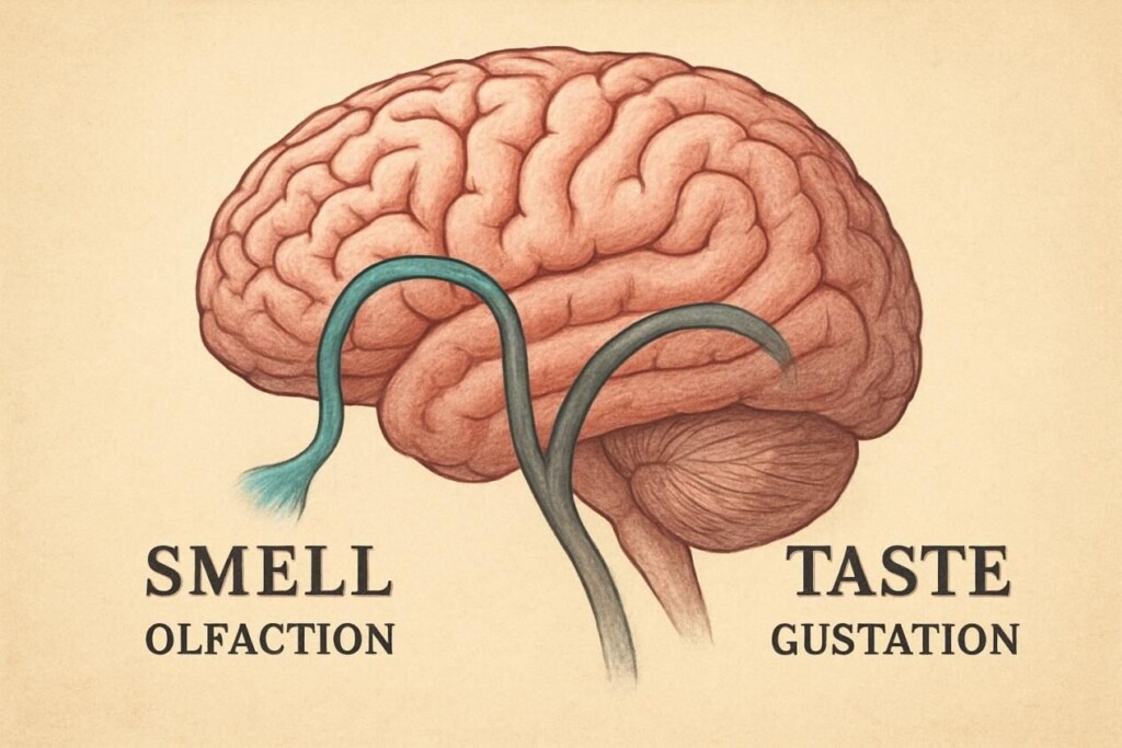 llustration of a brain showing separate pathways for smell and taste, with the taste pathway muted, symbolizing the disconnect between sensory perception.