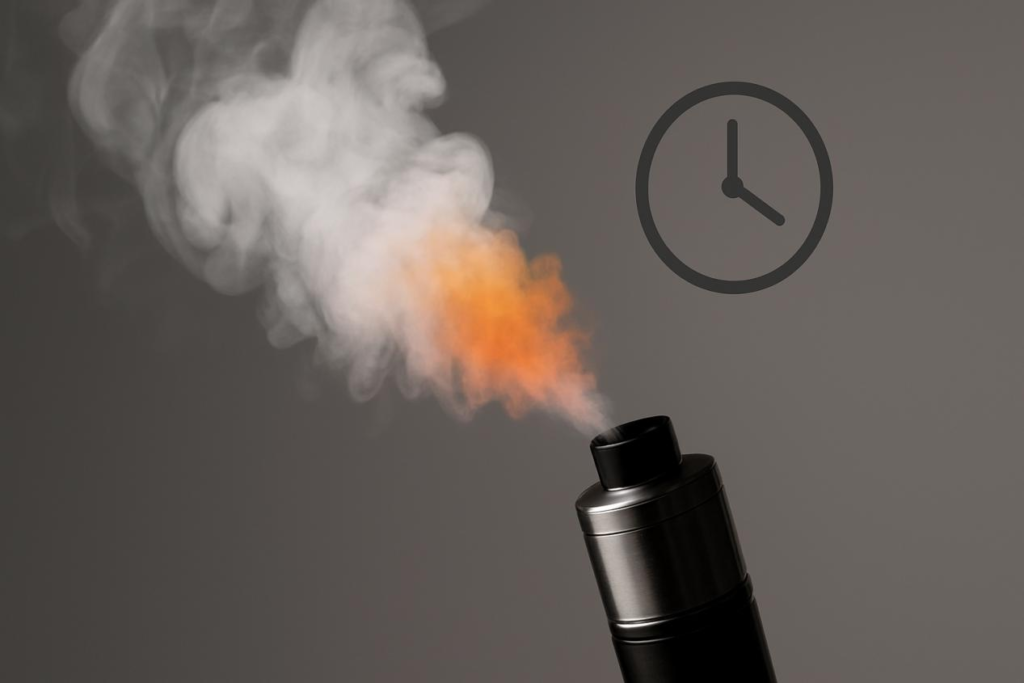A sleek vape device releases a cloud of vapor, where a burst of vibrant color emerges within the white smoke, accompanied by a subtle clock icon to symbolize the delayed emergence of flavor.