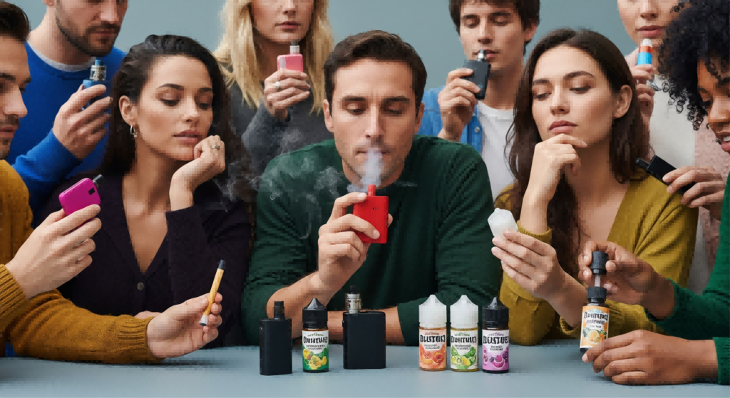  A diverse group of individuals representing various genders thoughtfully interact with vape devices and e-liquid bottles in a muted color palette. The image has a realistic shooting effect, focusing on subtle expressions of sensory engagement and varied preferences, avoiding gender stereotypes.