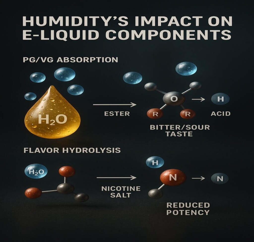 Educational infographic showing humidity effects on e-liquid components: PG/VG absorption of water, flavor ester hydrolysis causing bitter taste, and nicotine salt degradation reducing potency
