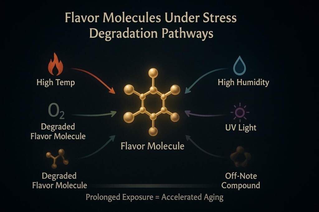 Infographic showing a pristine flavor molecule at the center, branching arrows labeled high temperature, high humidity, oxygen, and UV light leading to degraded or distorted molecules. A small timeline indicates that prolonged exposure accelerates aging and off-note formation.”