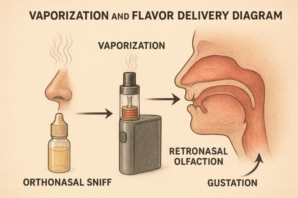 Infographic showing e-liquid bottle aroma (orthonasal sniff), vaporization in a vape device, retronasal olfaction, and gustation on the tongue, emphasizing differences in flavor perception.