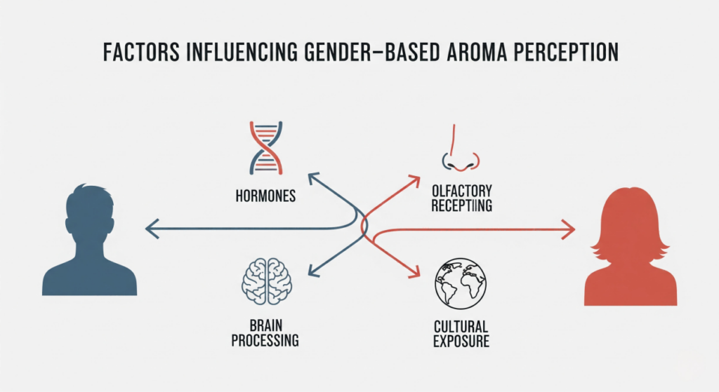 An insightful diagram illustrates the complexity of gender-based aroma perception. Two stylized silhouettes, one male and one female, are connected by arrows to different contributing factors: hormones (represented by a DNA helix), olfactory receptors (a nose icon), brain processing (a brain outline), and cultural exposure (a globe). The realistic photo and sophisticated composition emphasize that perception is a result of a complex interplay of factors, not simplistic categorization.
