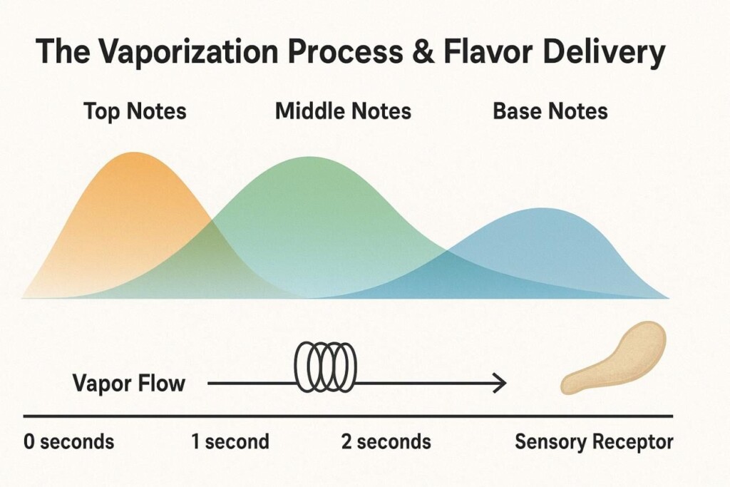 An infographic showing how top notes, middle notes, and base notes of flavor evolve over a 0–3+ second puff timeline, with overlapping waves above a coil graphic and arrows indicating vapor flow to sensory receptors.