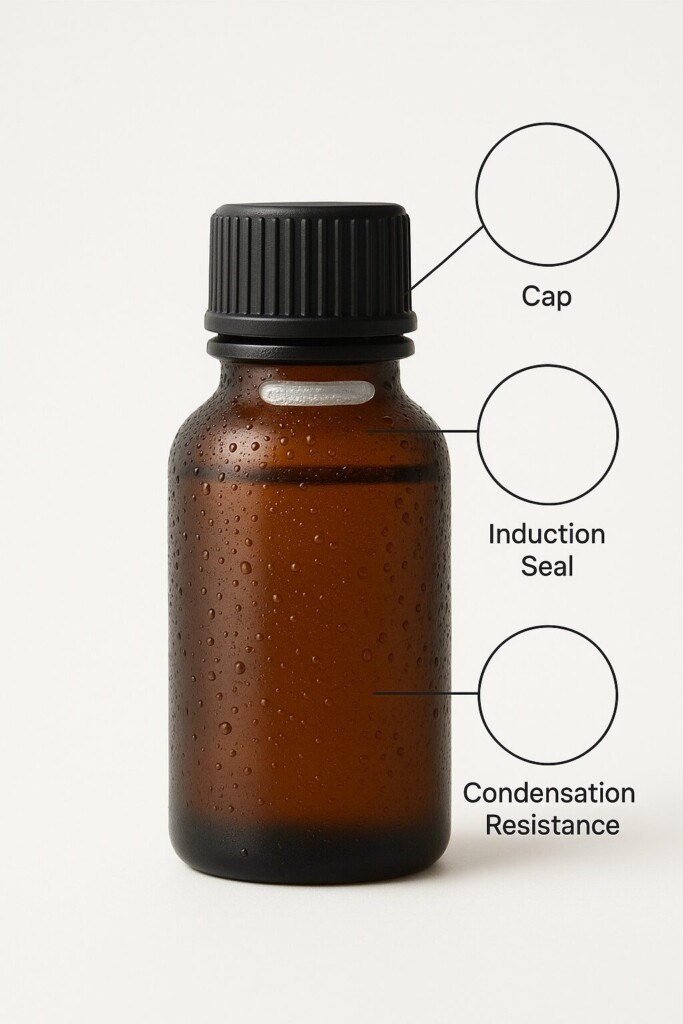  Close-up of sealed e-liquid bottle with induction seal and high-quality cap, condensation highlighting optimal packaging solutions for tropical humidity
