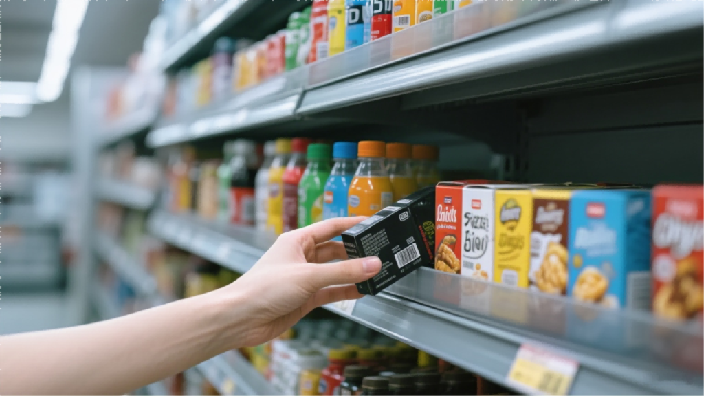 A hand reaches for a small black box on a supermarket shelf, with rows of packaged snacks and drinks in the background