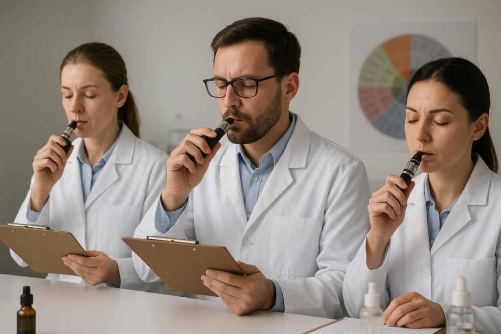 Professional sensory panelists in a lab setting vaping and taking notes with clipboards, evaluating e-liquid flavors with a flavor wheel and lab equipment in the background.