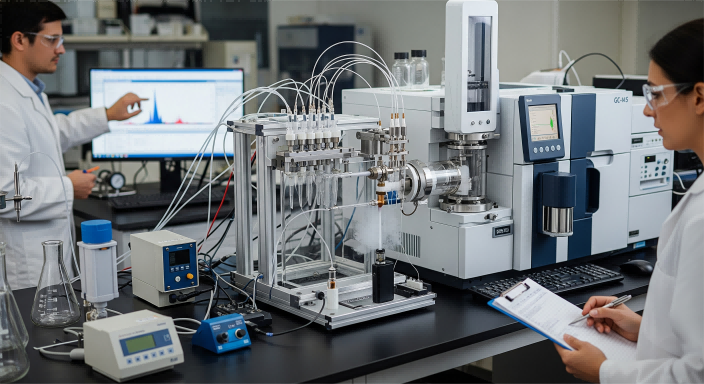 A professional photo showing a laboratory setup for vapor analysis. A device is connected to a GC-MS machine to study the release of flavor compounds. Researchers in lab coats are observing the process, emphasizing scientific rigor and precision.