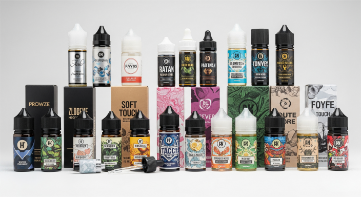 A professional photograph showcases a diverse array of e-liquid bottles and packaging. The collection includes sleek and minimalist designs, some with vibrant colors and patterns, and others with earthy tones and botanical motifs. The lighting is clean and highlights the thoughtful product presentation, which is designed to appeal to varied demographics.