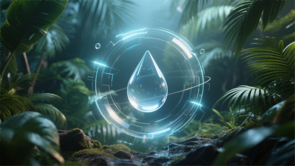  Abstract image of a clear e-liquid droplet protected by an invisible force field in lush tropical foliage, symbolizing product integrity against environmental challenges