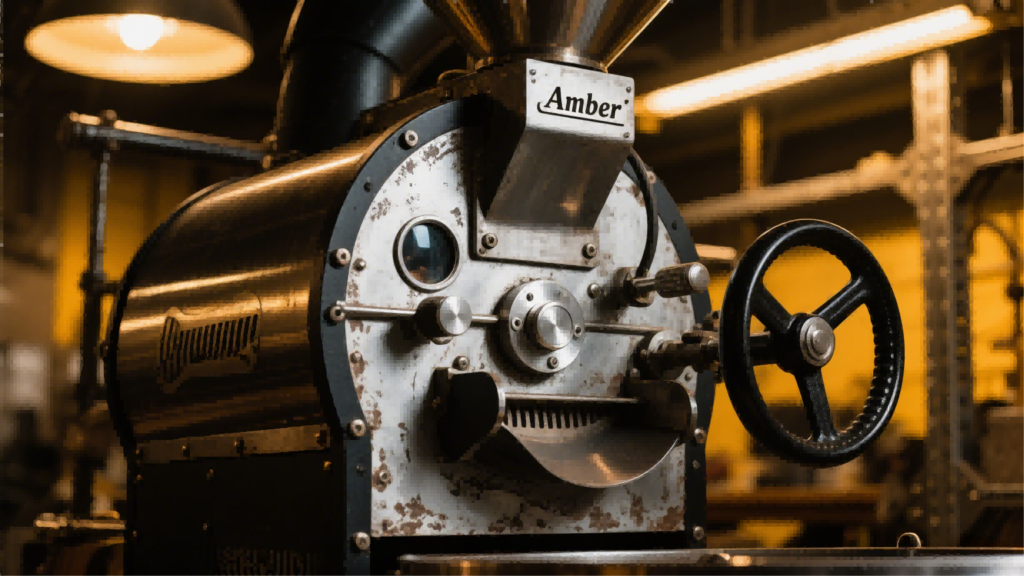 A close-up view of a large, vintage-style industrial coffee roasting machine with a nameplate that says "Amber" on top.
