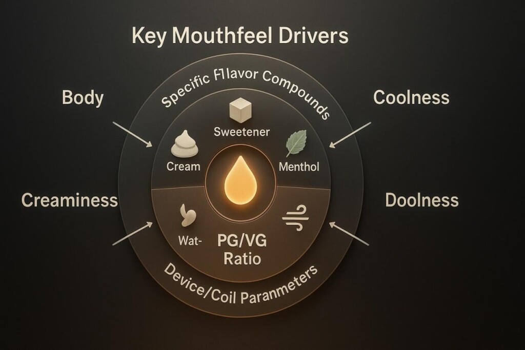 A circular infographic showing PG/VG ratio at the center, surrounded by flavor compounds like cream, sweetener, and menthol, and device/coil parameters such as wattage and airflow, all combining to produce mouthfeel sensations like body, creaminess, coolness, and throat hit.