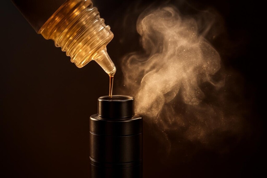 A professional close-up showing golden e-liquid being poured into a vape device, with shimmering vapor rising, symbolizing richness, luxury, and the tangible texture of enhanced mouthfeel.