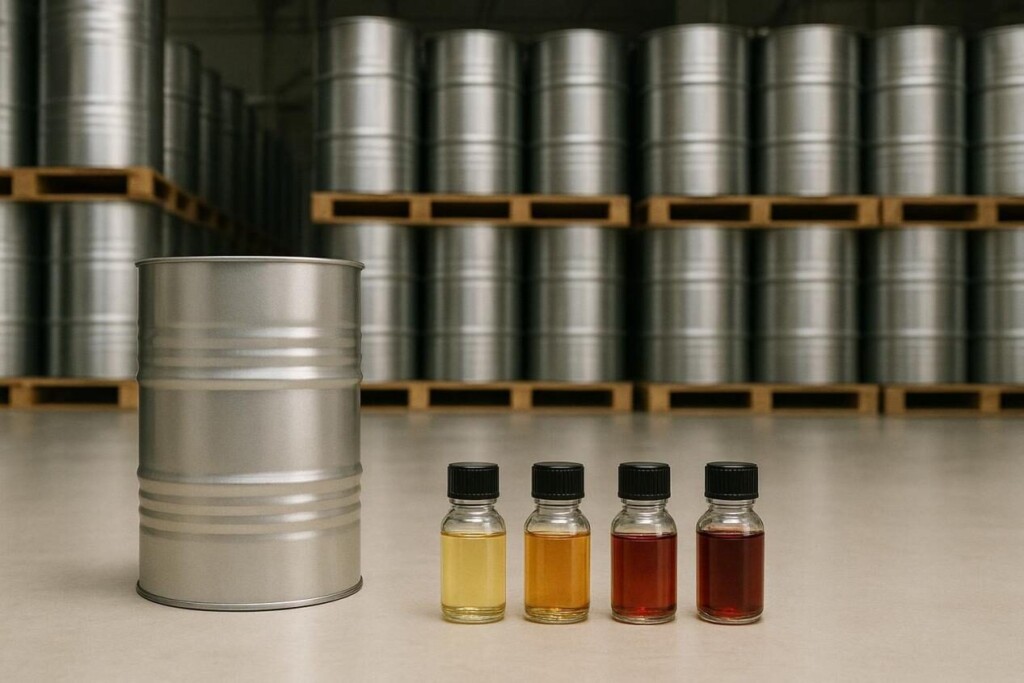 المستودع مع براميل نكهة كبيرة وزجاجات صغيرة ترمز إلى MOQ مقابل المرونة في إنتاج نكهة vape.