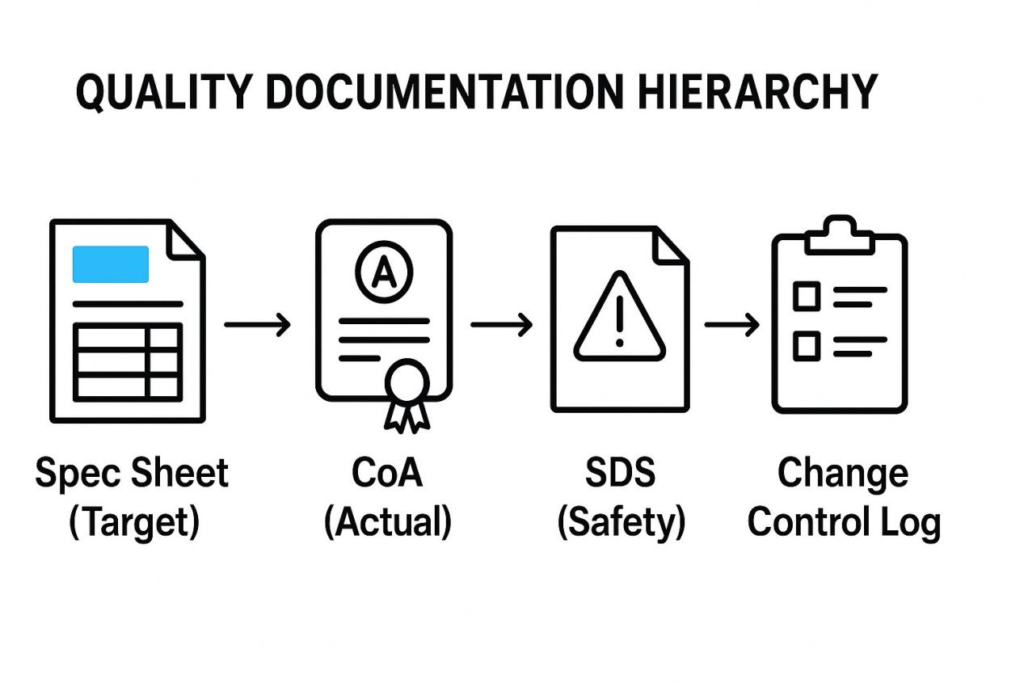 مخطط انسيابي يوضح التسلسل الهرمي لمستندات الجودة: ورقة المواصفات (الهدف) → COA (فعلي) → SDS (السلامة) → تغيير سجل التحكم ، كل منها ممثلة مع أيقونات احترافية ومتصلة بالسهام.