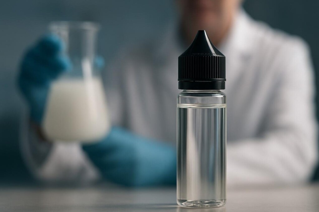 Photo en gros plan d'une bouteille e-liquide claire avec un capuchon noir, fortement au point, tandis que dans le fond flou, un technicien de laboratoire en gants contient un bécher de liquide émulsifié stable.