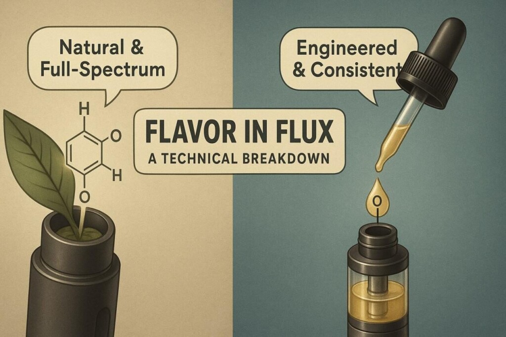 Split-screen infographic comparing natural terpene flavor extraction from a leaf in a dry herb vaporizer versus engineered vanillin flavor added via dropper into an e-liquid tank, with central banner text reading "Flavor in Flux: A Technical Breakdown."