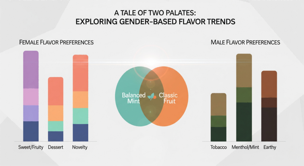An infographic titled "A Tale of Two Palates: Exploring Gender-Based Flavor Trends." On the left, a bar chart shows female preferences with taller bars for Sweet/Fruity, Dessert, and Novelty. On the right, a bar chart shows male preferences with taller bars for Tobacco, Menthol/Mint, and Earthy. In the center, a Venn diagram shows an overlap between the two groups for Balanced Mint and Classic Fruit.