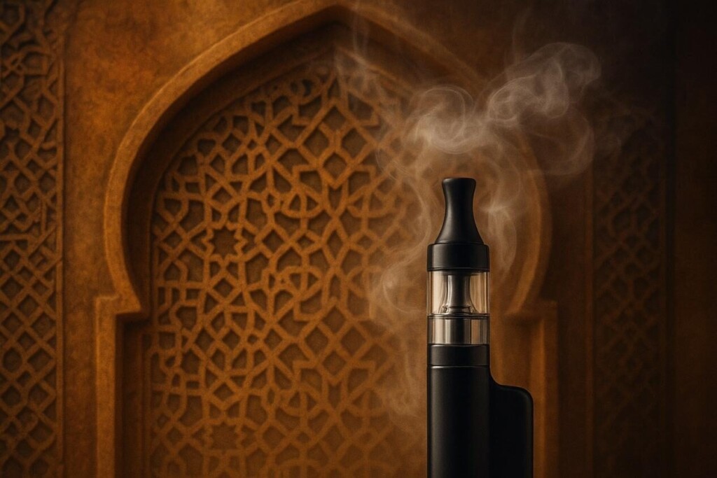A sleek black vape device with rising vapor set against a backdrop of intricate Middle Eastern geometric patterns and archways, blending tradition with modern design.
