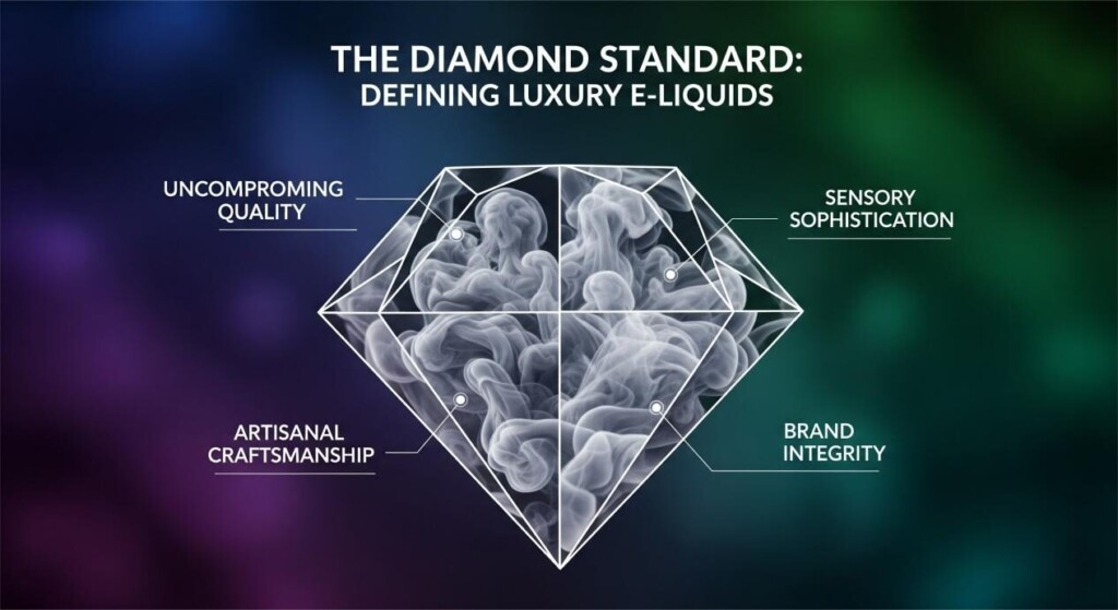 A stylized diamond with a swirling vapor pattern. The facets are labeled "Uncompromising Quality," "Sensory Sophistication," "Artisanal Craftsmanship," and "Brand Integrity." The background is a gradient of deep, rich colors.