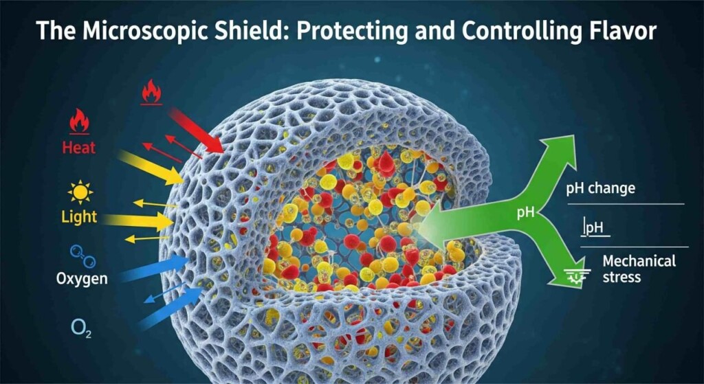An intricate, professional infographic shows a microscopic, porous microgel particle. Tiny colored droplets representing flavor molecules are visible within its structure. Arrows from external stressors like heat, light, and oxygen are shown being blocked by the particle, while an arrow representing pH change or mechanical stress is shown entering to release the flavor.