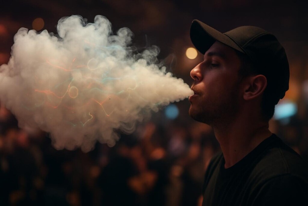 A realistic scene of a dense vapor cloud being exhaled at a vaping event, with abstract fading color trails and molecular symbols inside the cloud symbolizing rapid flavor diffusion.