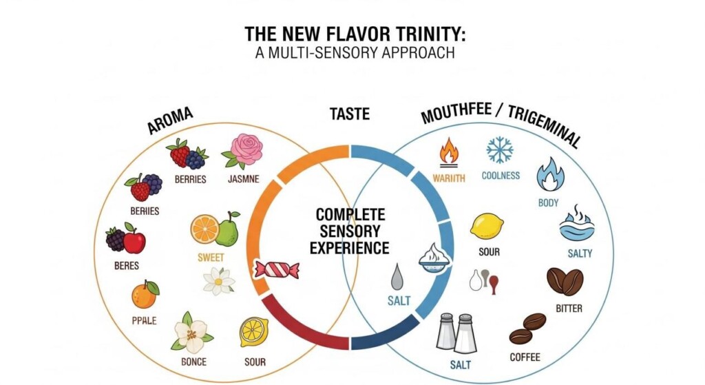 An intricate, professional infographic titled "The New Flavor Trinity: A Multi-Sensory Approach." The infographic displays three intersecting circles against a clean, white background. The first circle, labeled "Aroma," contains small, stylized icons of various fruits and flowers. The second circle, labeled "Taste," features icons representing the five basic tastes: sweet, sour, salty, and bitter. The third circle, labeled "Mouthfeel/Trigeminal," includes icons for warmth, coolness, and "body." In the central overlapping area where all three circles intersect, the text "Complete Sensory Experience" is prominently displayed. The overall design is modern and clean.