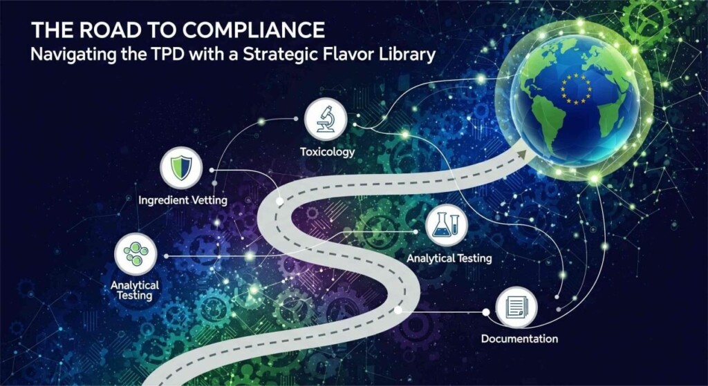 An infographic shows a winding path through a complex regulatory landscape with checkpoints for "Ingredient Vetting," "Toxicology," "Analytical Testing," and "Documentation." The path ends at a globe with the EU flag, symbolizing market access.