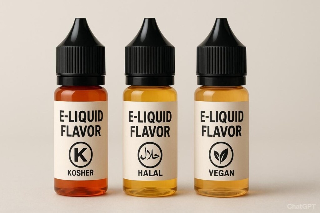 E-liquid flavor bottles displaying Kosher, Halal, and Vegan certification badges to signal compliance and trust.