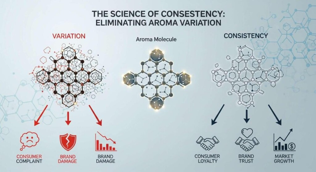 An intricate infographic titled "The Science of Consistency: Eliminating Aroma Variation." A stylized, symmetrical molecule represents "Consistency" and is linked to "Consumer Loyalty," "Brand Trust," and "Market Growth." A chaotic, disorganized version of the same molecule represents "Variation" and is linked to "Consumer Complaint," "Brand Damage," and "Financial Loss."