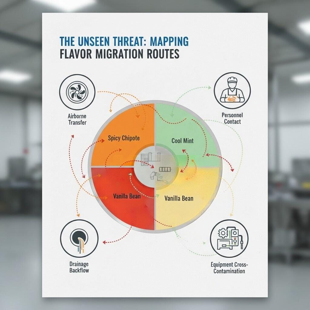 An intricate, high-quality infographic titled "The Unseen Threat: Mapping Flavor Migration Routes." A central diagram depicts a factory floor divided into different color-coded zones, each representing a distinct flavor. Dotted lines and arrows illustrate the "leakage" or migration of one flavor's color into another's zone. Surrounding this central diagram are icons symbolizing various contamination vectors: a ventilation fan, a worker in a uniform, a piece of equipment, and a floor drain. 