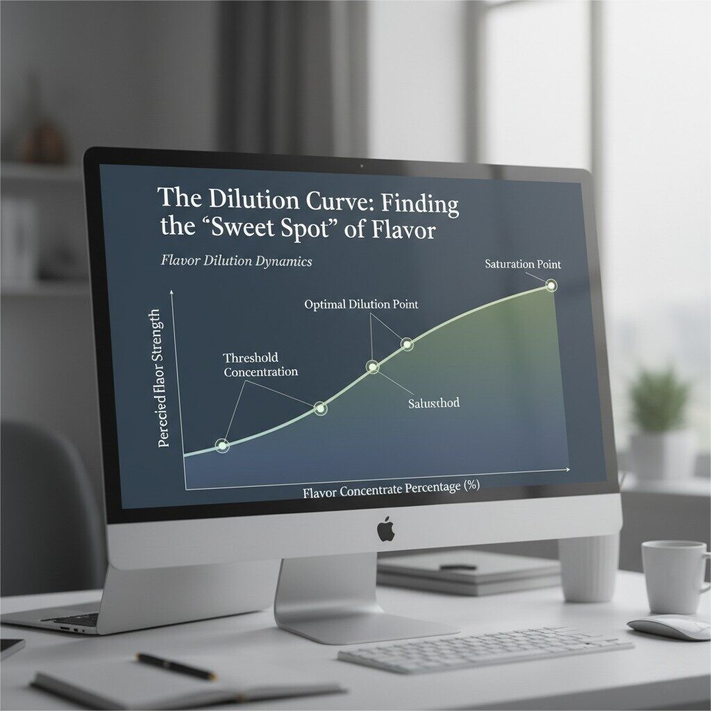 An elegant, professional infographic displayed on a computer monitor in a modern office setting. The infographic shows a two-axis graph titled "The Dilution Curve: Finding the 'Sweet Spot' of Flavor." The X-axis is labeled "Flavor Concentrate Percentage (%)" and the Y-axis is labeled "Perceived Flavor Strength." The curve rises steeply at first and then flattens out, illustrating the law of diminishing returns. Key points on the curve are labeled: "Threshold Concentration," "Optimal Dilution Point," and "Saturation Point."