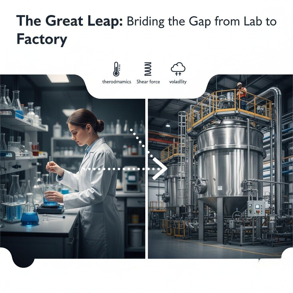An intricate, high-quality infographic titled "The Great Leap: Bridging the Gap from Lab to Factory." On the left, a detailed scene of a small lab setting where a female chemist in a white coat meticulously mixes blue liquids in a beaker with a magnetic stirrer. On the right, a large, industrial factory floor featuring a giant stainless-steel mixing tank with automated pipes and an industrial worker on a platform above. A dotted arrow connects the two scenes, symbolizing the transition. Above the arrow, three icons represent challenges: a thermometer (thermodynamics), a spring (shear force), and a cloud (volatility).
