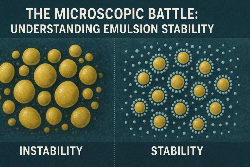 Microscopic infographic comparing unstable oil-in-water emulsion with large clumped droplets on the left versus stable emulsion with tiny, evenly dispersed droplets surrounded by emulsifier molecules on the right. Title: "The Microscopic Battle: Understanding Emulsion Stability."