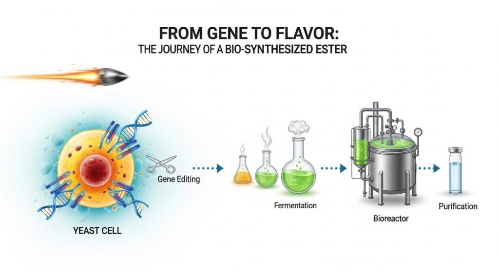 An intricate, professional infographic titled "From Gene to Flavor: The Journey of a Bio-Synthesized Ester." A stylized yeast cell is in the center, with swirling DNA strands and a small icon of a pair of scissors representing CRISPR editing. A dotted arrow leads from the yeast cell to a series of flasks, then to a large bioreactor, and finally to a clean, transparent vial of a high-purity liquid.